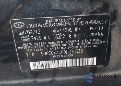 2013 Hyundai Sonata Se z USA, uszkodzony, nr VIN 5NPEC4AC0DH775338